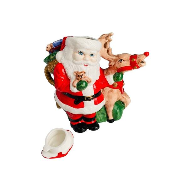Vintage Teapot Santa Clause Reindeer Christmas Holiday Tea Beverage Dispenser - Picture 10 of 16